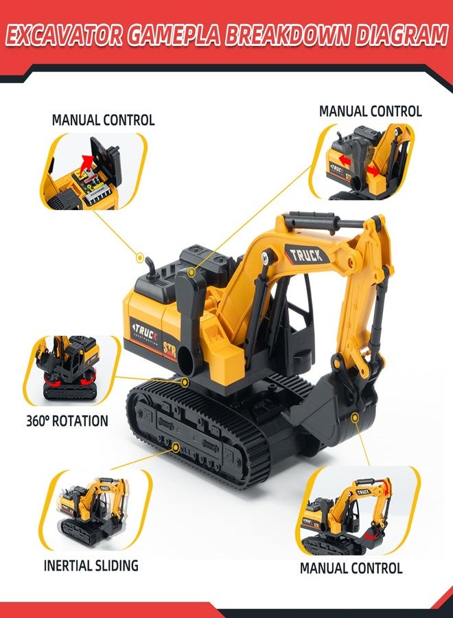Fistone RC Semi-Trailer Truck & Friction Powered Excavator Toy Set, 1:24 Scale with Sound and Lights, 6 CH Remote Control Flatbed Truck and Inertia-Powered Excavator Toys for Kids Boys，Red - Image 4